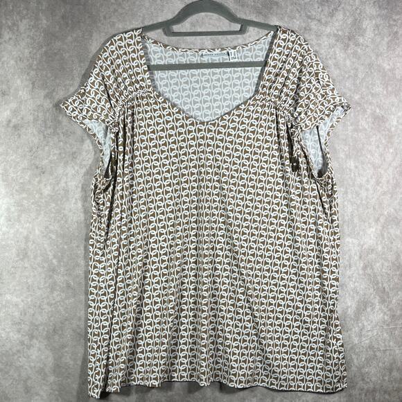 Susan Graver Top‎ Womens 2X Brown White Chain Print Cap Sleeve Casual Stretch - Picture 1 of 9